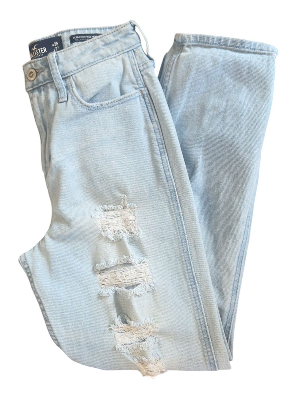Hollister Ultra High Rise Mom Jeans 25x27 Light Wash Distressed Ripped Straight